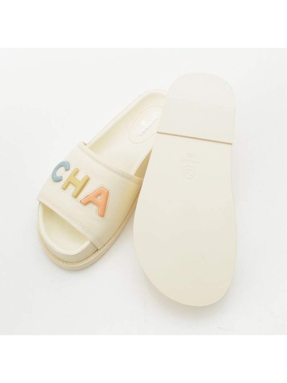 Chanel Lambskin Leather Logo Flat Sandals Mule Ivory Multicolor 37 - Picture 5 of 10